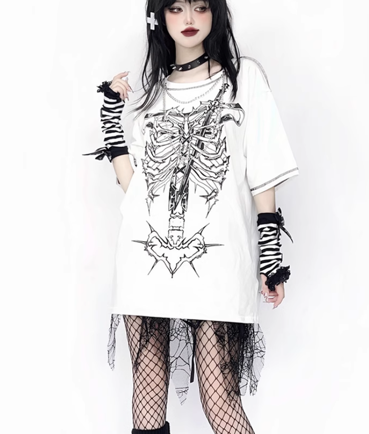 Gothic T-shirt Punk Ribbone Print Top Drop-Shoulder Shirt 39132:614782