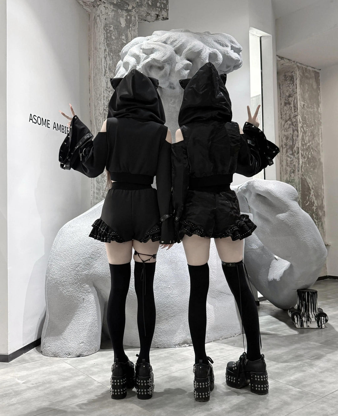 Gothic Hooded Crop Jacket & Shorts Set, Cat Ear 46064:874094