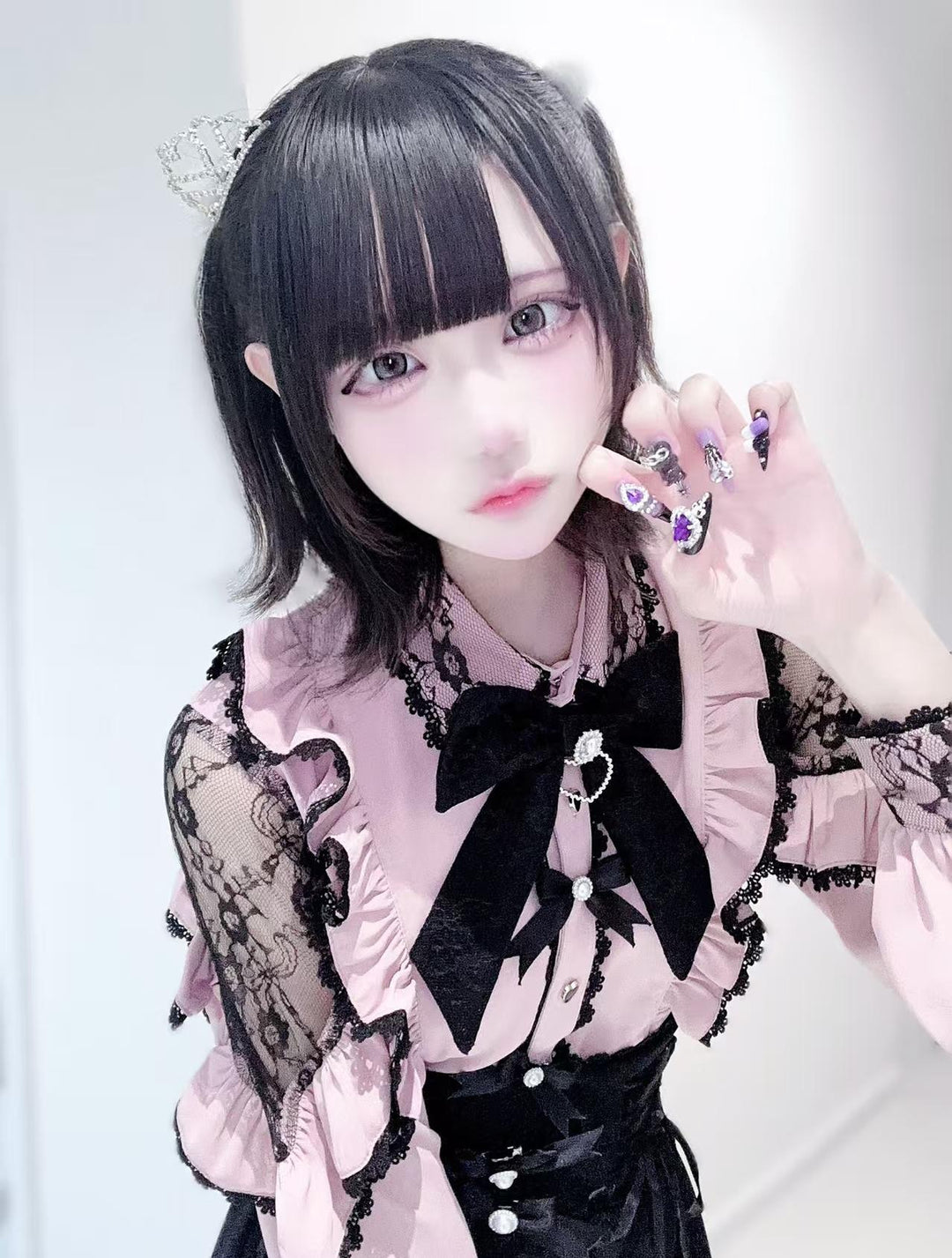 Lace Cut-Out Jirai Kei Blouse + Black Long High-Waist Lace-Up Skirt 41720:723984