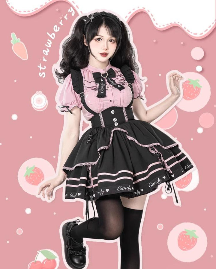 Pink Jirai Kei Short-sleeved Blouse, Puffy Sleeves 22780:342690