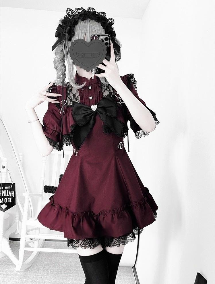 Jirai Kei Dress Set with Large Bow & Lace Hollow-out Detail (2XL F L M XL) 42814:755650
