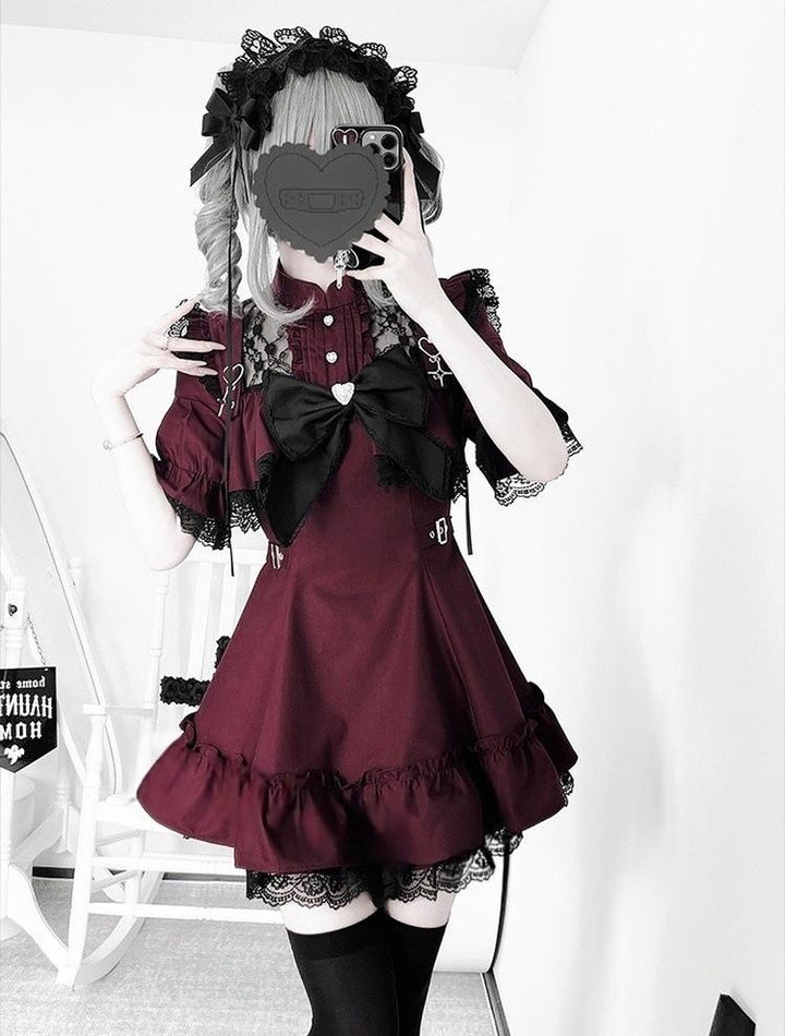 Jirai Kei Dress Set with Large Bow & Lace Hollow-out Detail (2XL F L M XL) 42814:755650