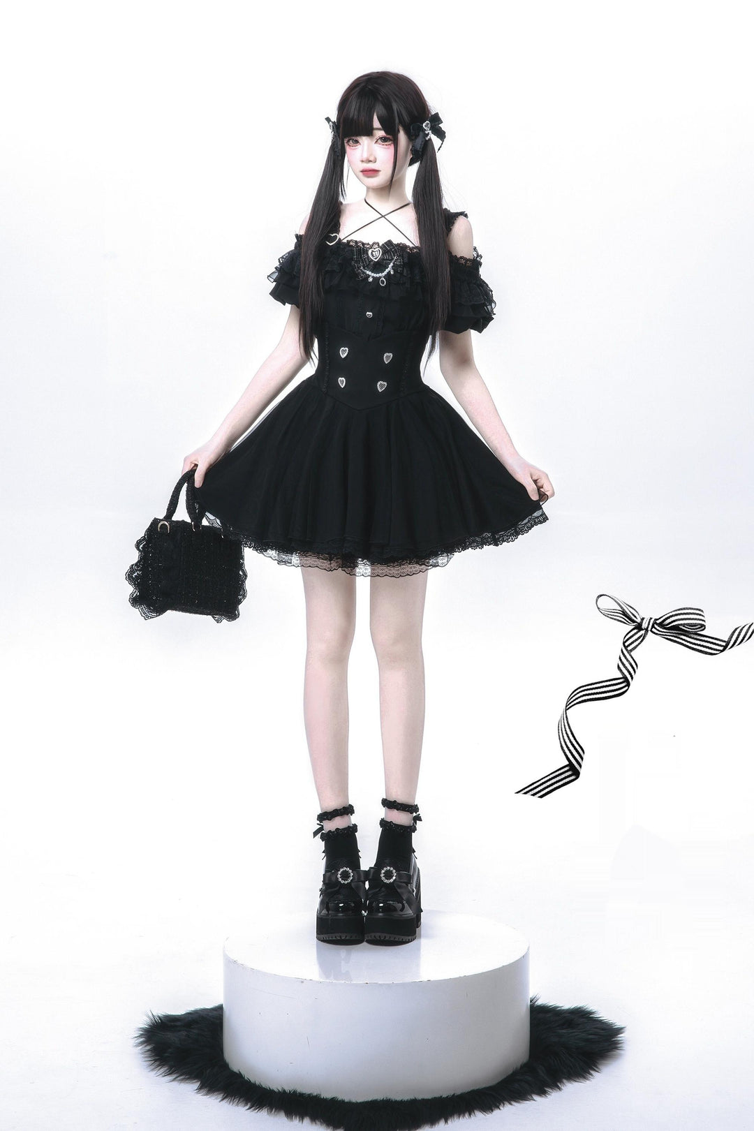 Jirai Kei Skirt Set Open-shoulder Blouse with Heart Bow Tie 42864:755974