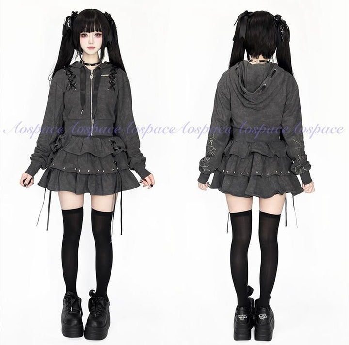 Subculture Skirt Outfit, Short Zipper Closure Hoodie 44484:816756