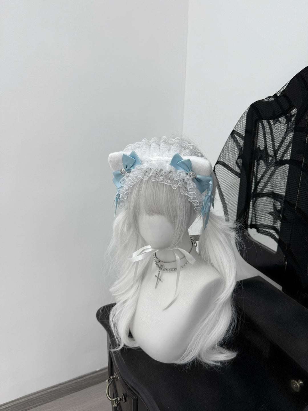 Furry Cat Ear Jirai Kei Headband, Lace & Rhinestones 43075:767122
