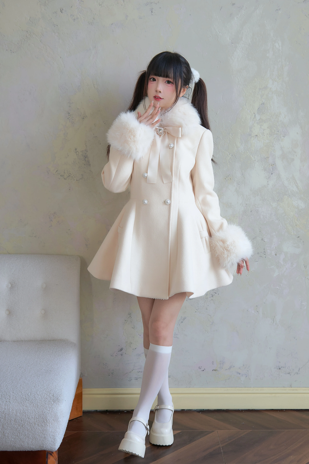 Jirai Kei Winter Coat Mid-length Coat Slim Fit Big Hem Coat 40570:674404