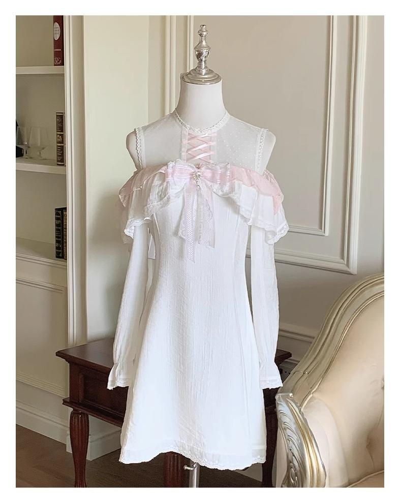 Open Shoulder Ryousangata A-Line Dress with Lace & Bow (L M S) 43070:765946