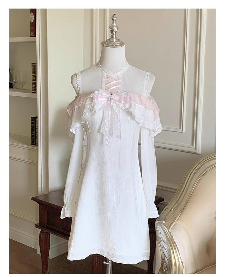 Open Shoulder Ryousangata A-Line Dress with Lace & Bow (L M S) 43070:765946