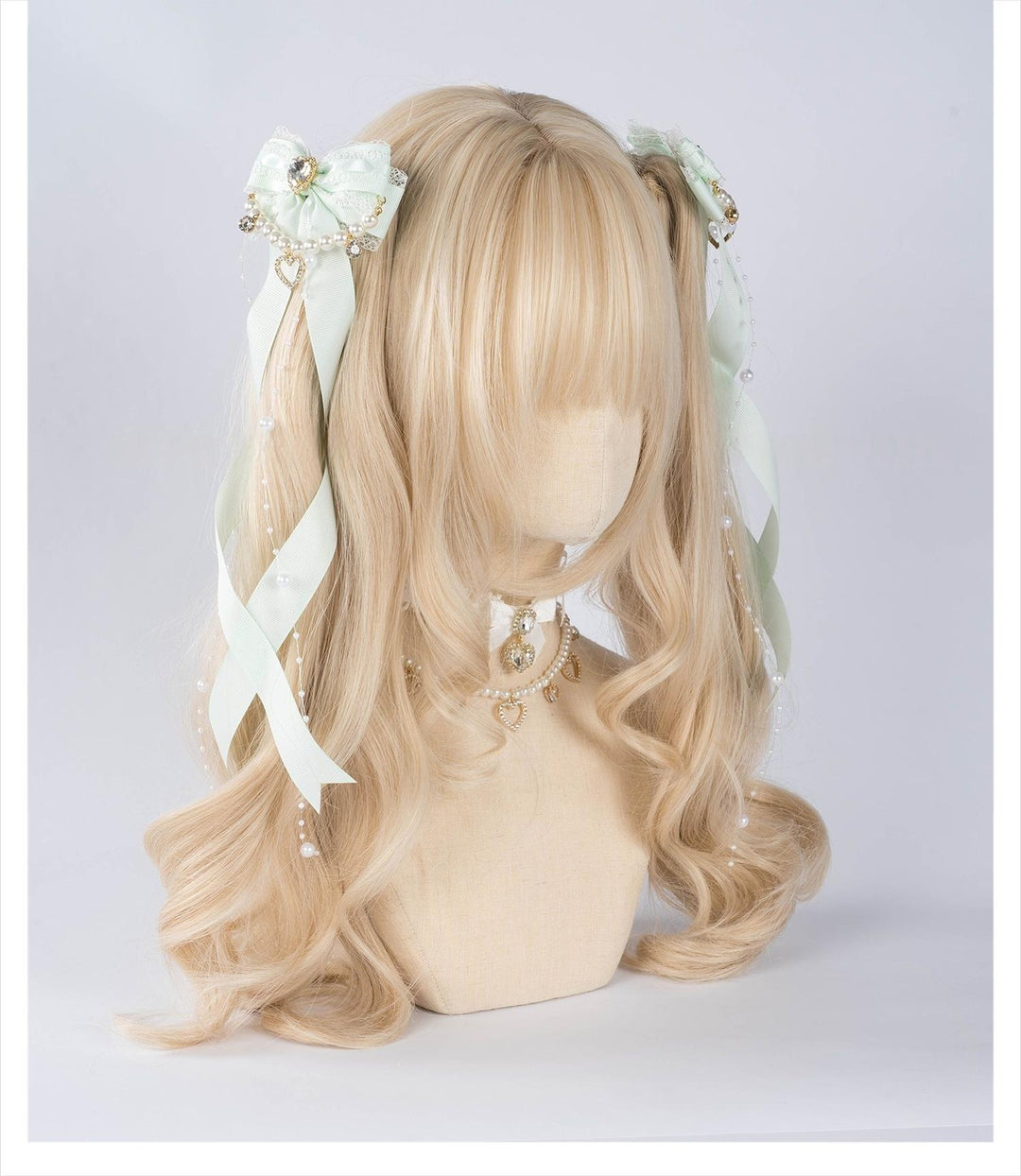 Jirai Kei Bow Hair Clip, Heart Rhinestone, Pearl Chain, Lace Trim 43501:778530