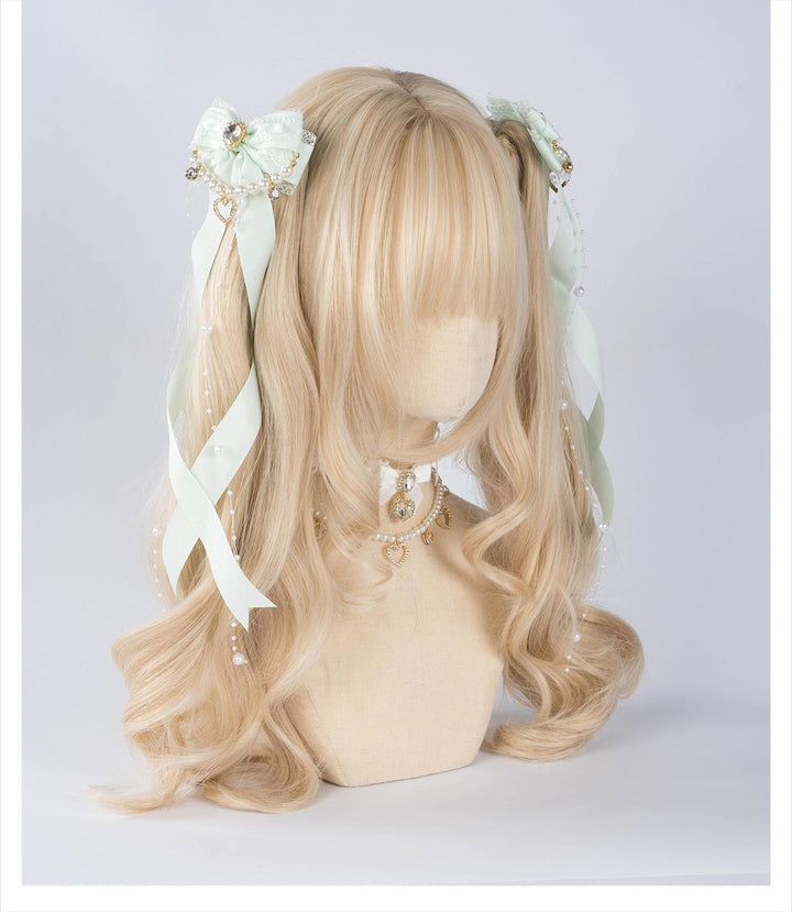 Jirai Kei Bow Hair Clip, Heart Rhinestone, Pearl Chain, Lace Trim 43501:778530