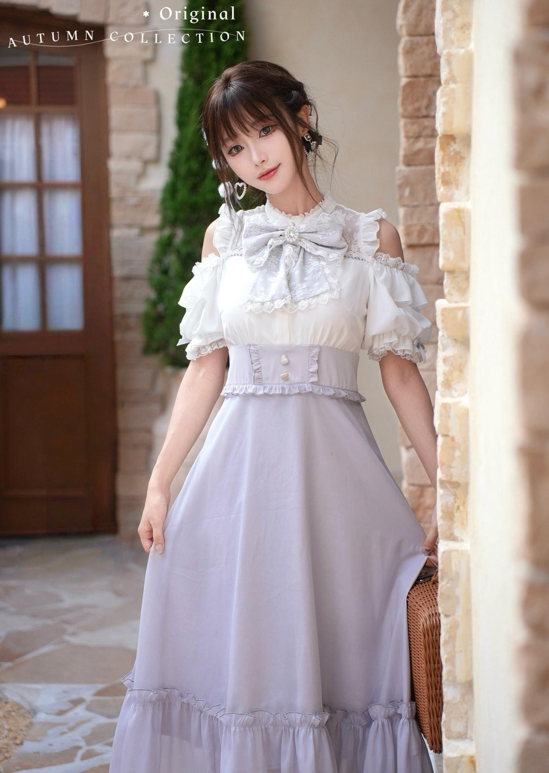 Jirai Kei Open-Shoulder Long Dress, Detachable Bow 44754:824035