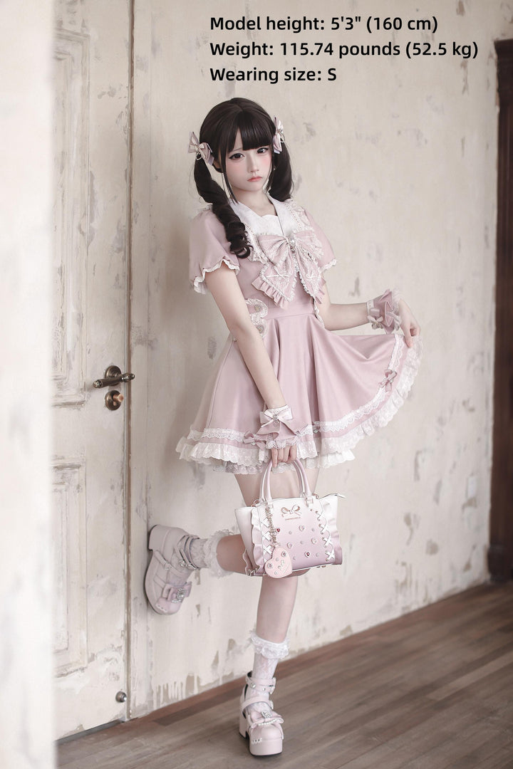 Pink High-waist Ryousangata Dress, Sailor Collar 44781:829346