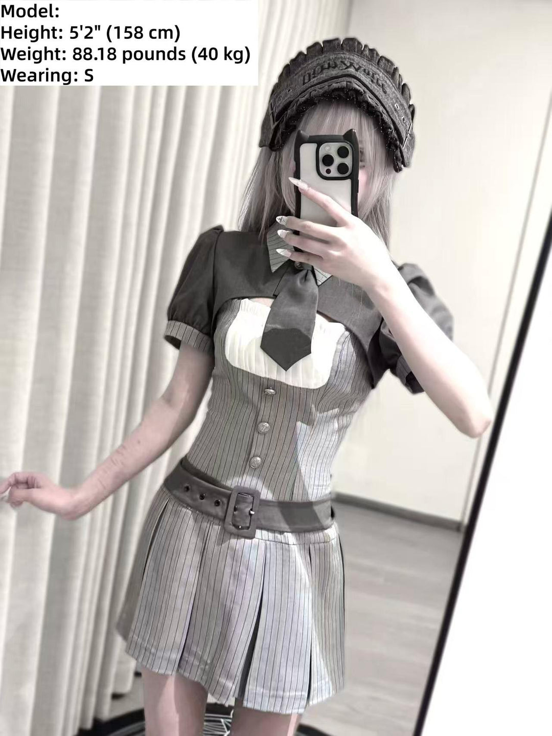 Jirai Kei Gray Striped Faux Two-Piece Dress, Mini Tie 44808:829290