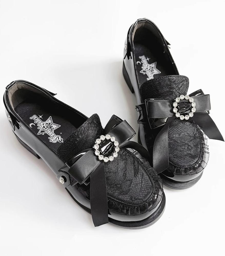 Jirai Kei Low-heeled Shoes with Round Rhinestone Bow 42708:751517