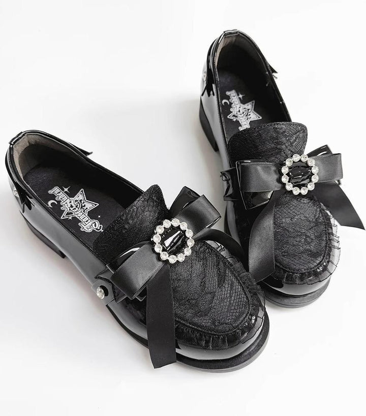 Jirai Kei Low-heeled Shoes with Round Rhinestone Bow 42708:751517