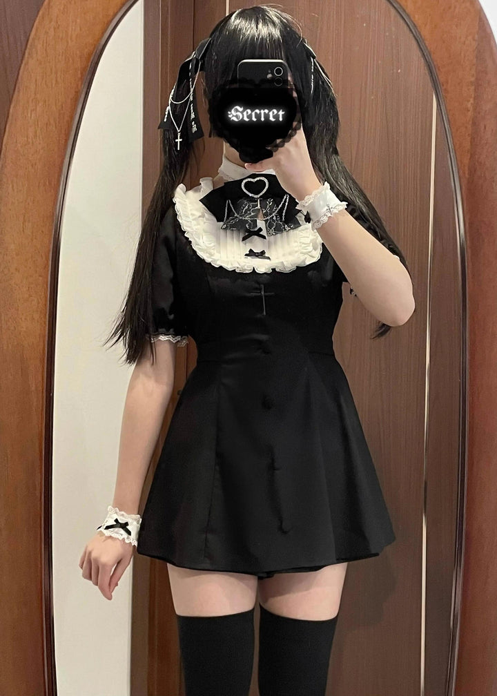 Jirai Kei Dress Set Short-sleeved Lace Knot Bow Dress Shorts (2XL 3XL 4XL L M S XL XS) 35108:483304