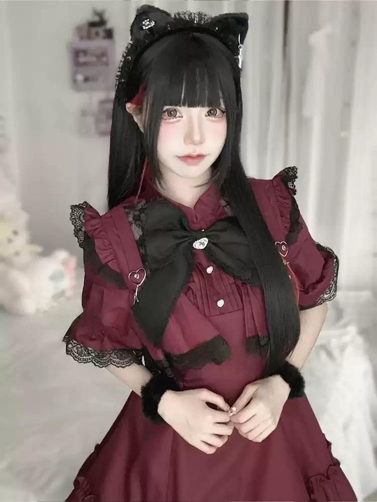 Jirai Kei Dress Set with Large Bow & Lace Hollow-out Detail 42814:763572