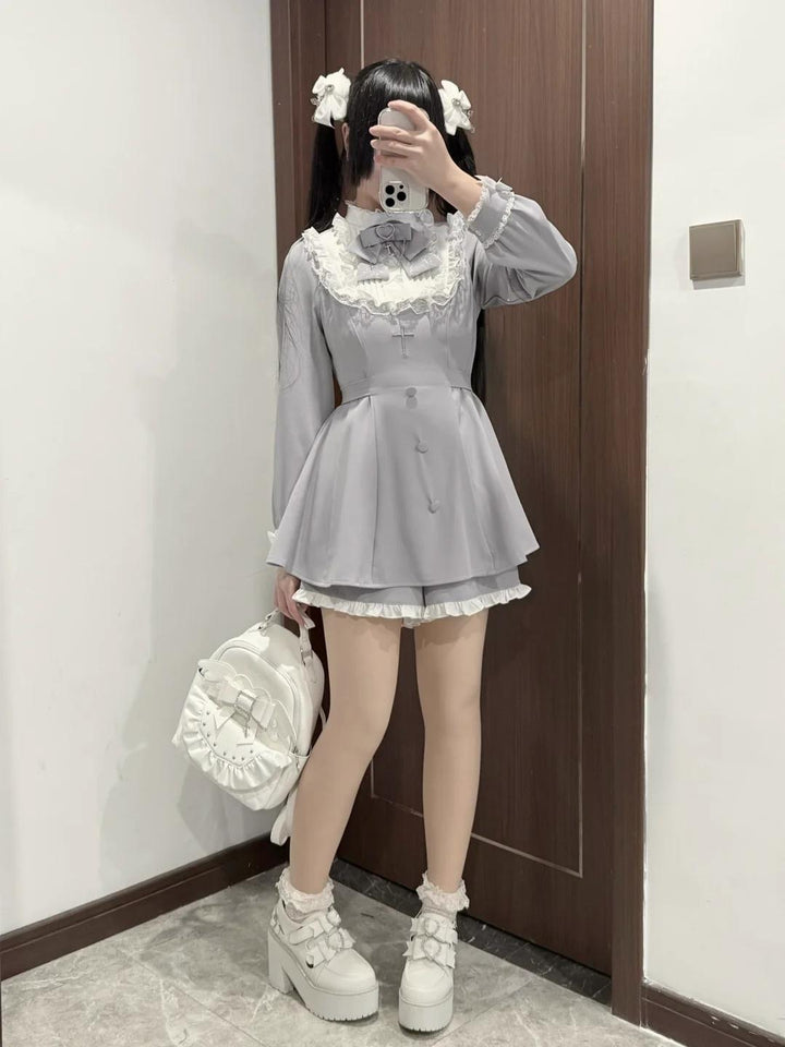 Plus Size Jirai Kei Long Sleeve Dress Set With Lace Wrist Bow Multicolor 41688:734054