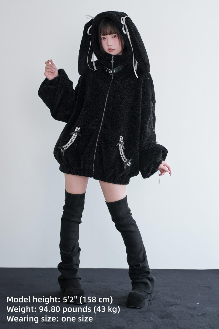 Daily Style Black Winter Coat, Bunny Ear Hood 44326:805288