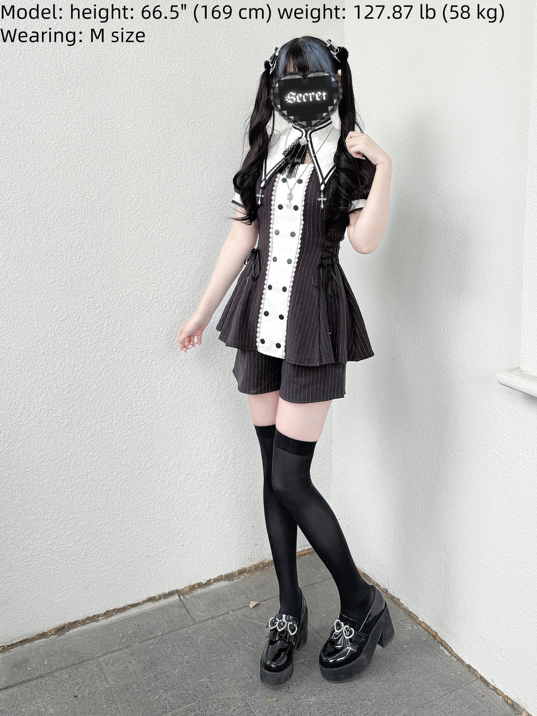 Striped Jirai Kei Set Up, Detachable Collar, Long/Short Sleeve Styles 43401:775837