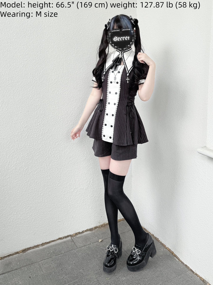 Striped Jirai Kei Set Up, Detachable Collar, Long/Short Sleeve Styles 43401:775837