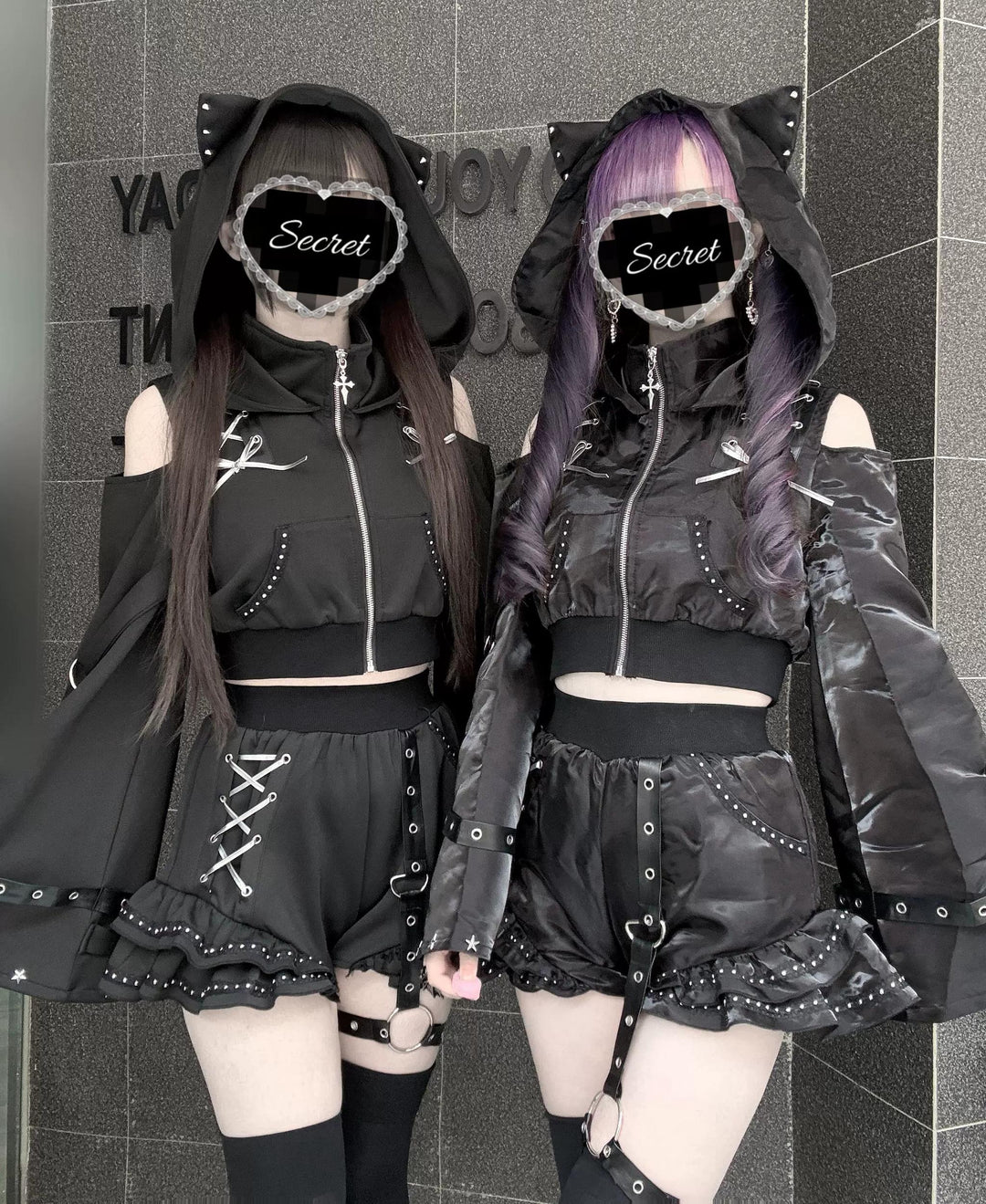 Gothic Hooded Crop Jacket & Shorts Set, Cat Ear 46064:874092