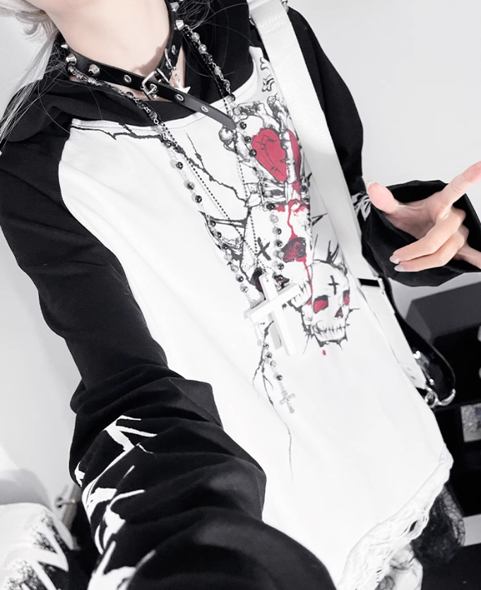 Gothic Cotton Hooded Shirt, Skull Printed 43876:788980