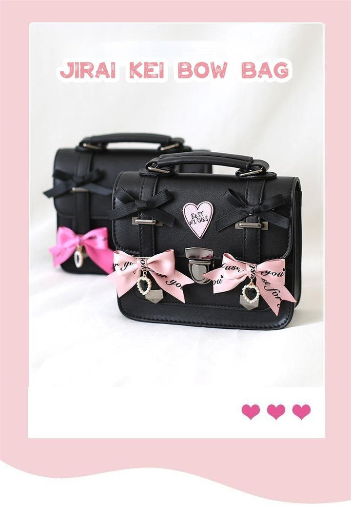 Black Jirai Kei Bag Leather Shoulder Bag With Bows And Rhinestone 33802:449862