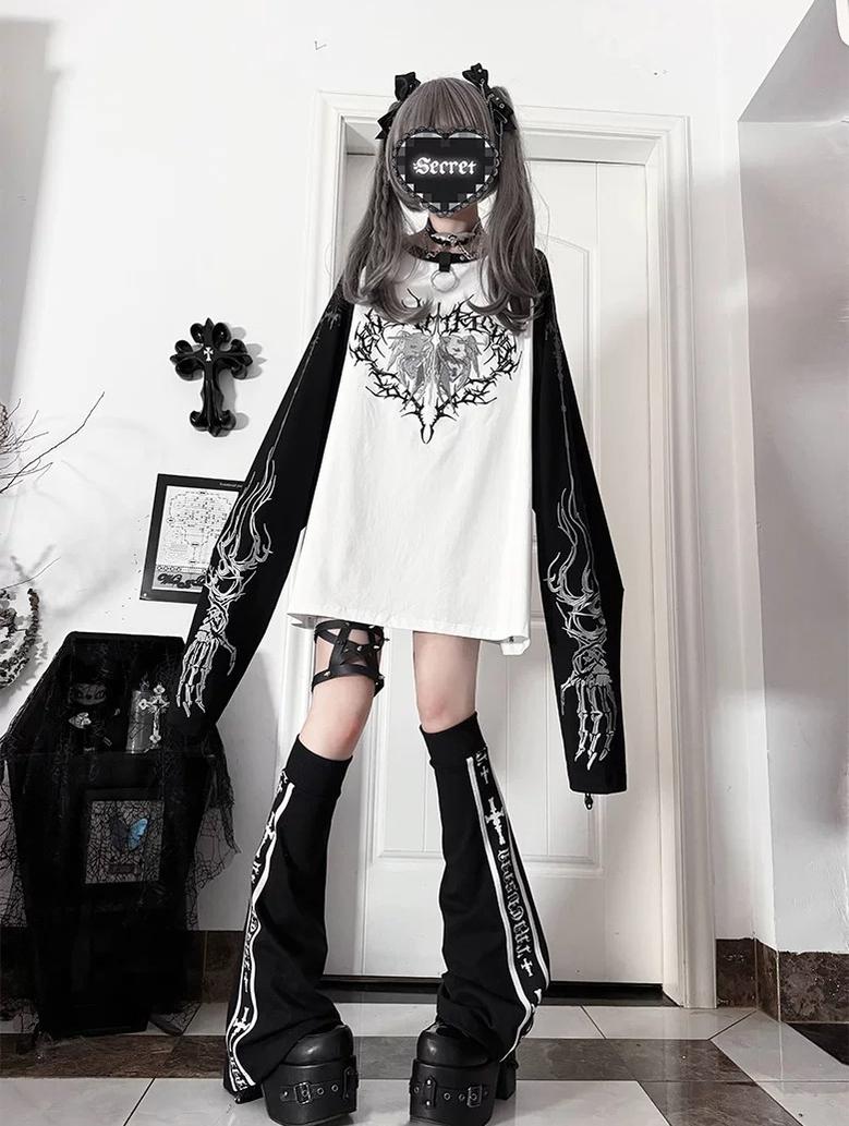 Gothic Long Sleeve Cotton T-Shirt, Demon Ram Embroidery 46062:875055