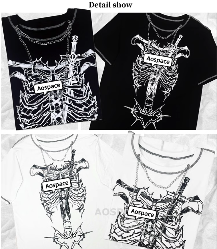 Gothic T-shirt Punk Ribbone Print Top Drop-Shoulder Shirt 39132:614792