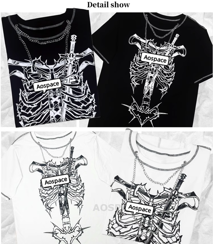 Gothic T-shirt Punk Ribbone Print Top Drop-Shoulder Shirt 39132:614792