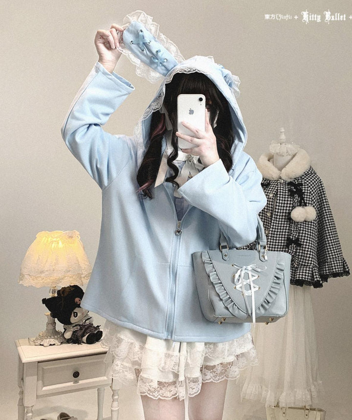Kawaii Zipper Closure Jacket, Lace Bunny Ear 44002:792529