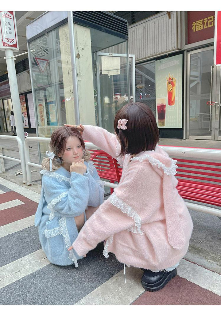 Kawaii Coat Sweater Bunny Ear Lace Knitted Hooded Cardigan 40338:665458
