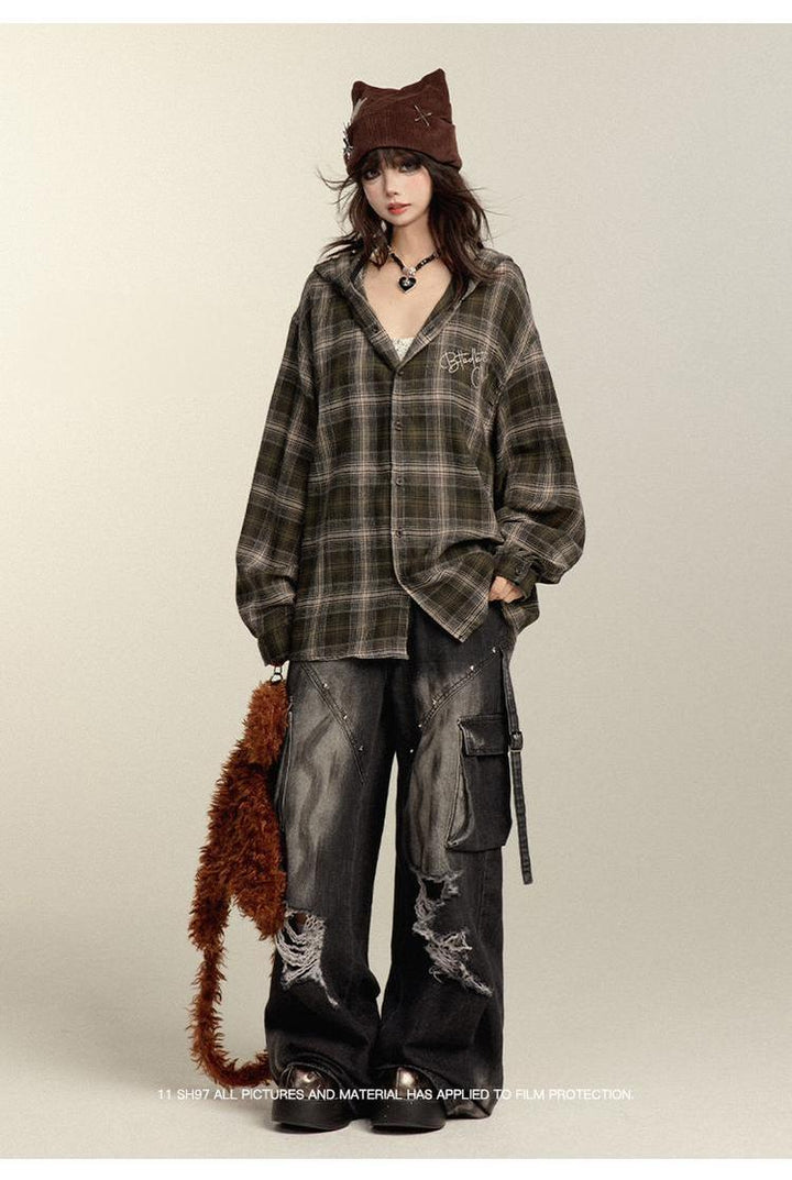 Punk Pants Black Straight Wide Leg Ripped Jeans Autumn 39760:642280