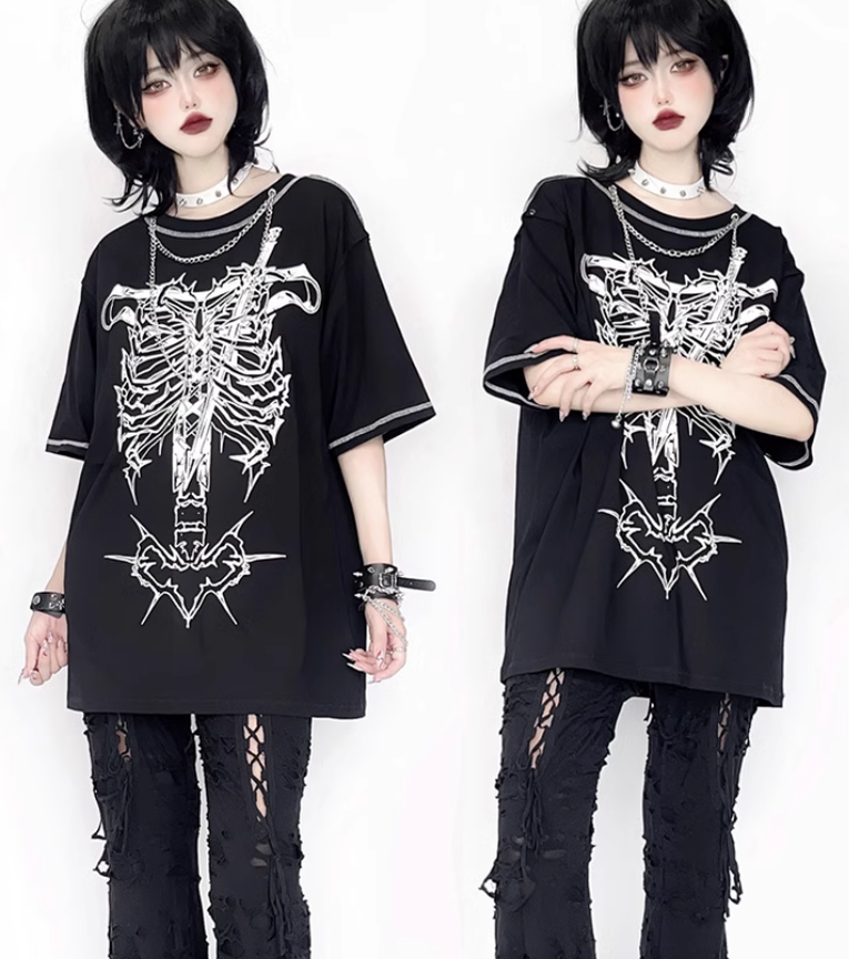 Gothic T-shirt Punk Ribbone Print Top Drop-Shoulder Shirt 39132:614796