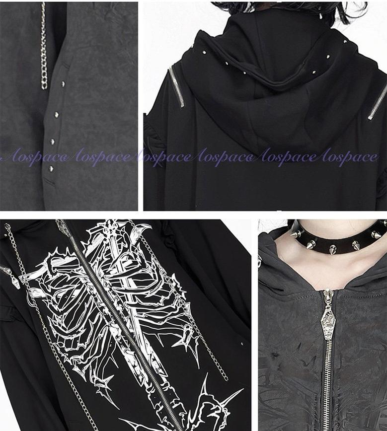 Subculture Ribcage Printed Zipper Hoodie, Open Shoulder 44482:811059