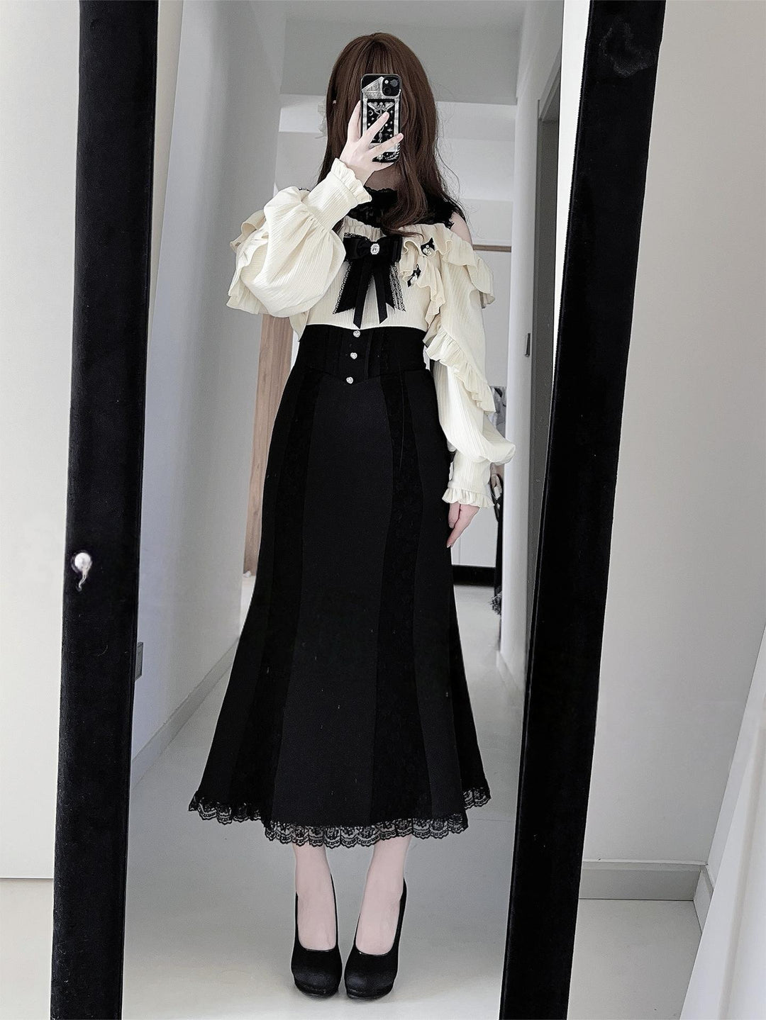Seiso Kei Long Dress, Black & Beige Color Blocking (L M) 44785:828002