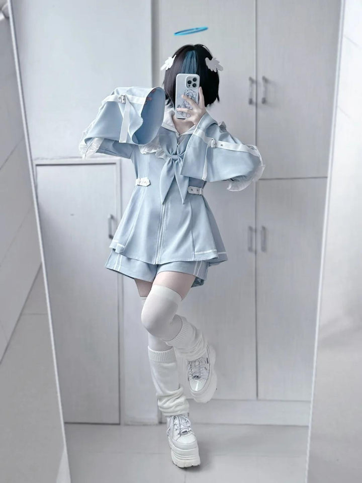 Jirai Kei Set Up Blue Lace Dress And Shorts Set 37046:761474