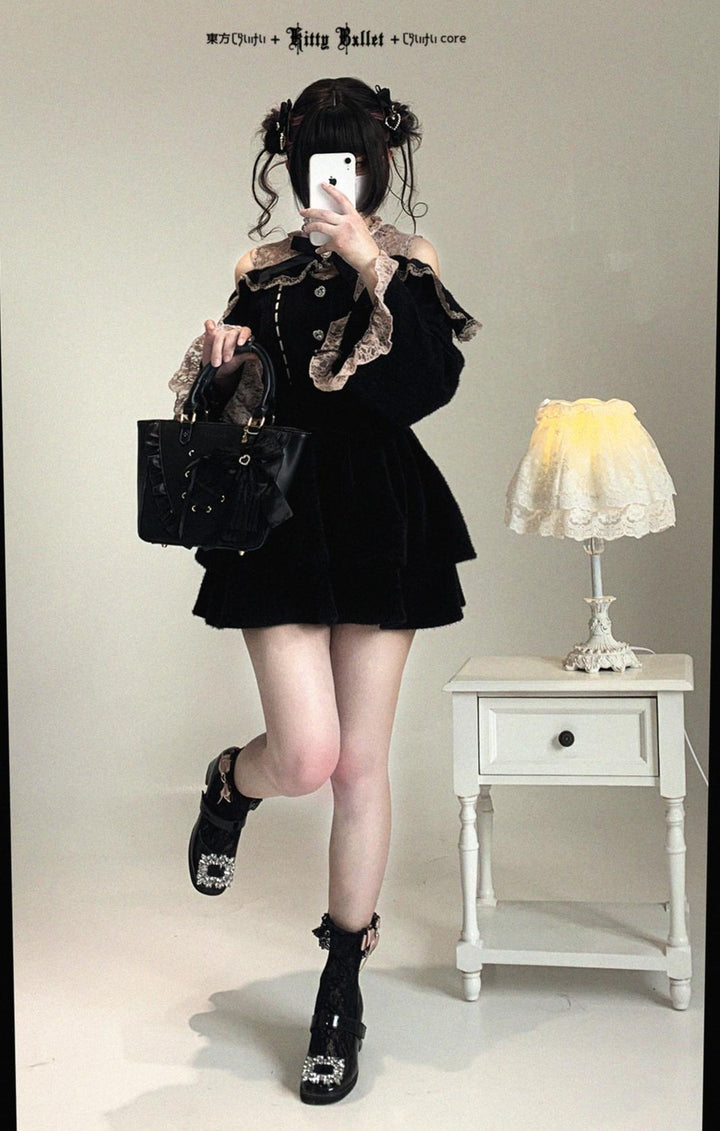 Jirai Kei Off-Shoulder Sweater, Lace Neck 44471:811053