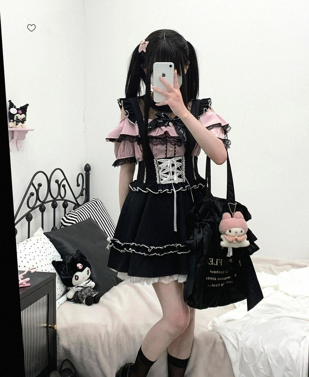 Jirai Kei Shirt Lace Double Layer Short Sleeve Open Shoulder Blouse 35374:768915