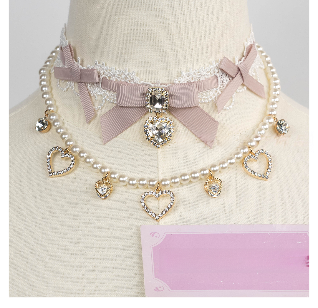 Jirai Kei Lace Choker, Detachable Faux Pearl Necklace 44010:793261